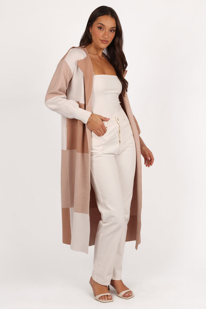 Petal and Pup USA KNITWEAR Kingston Large Check Long Cardigan - Beige Check