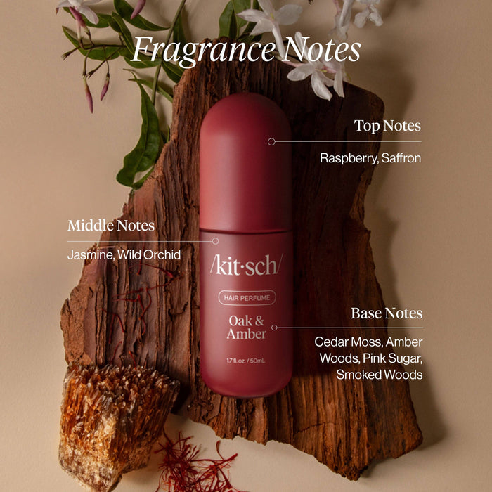 Kitsch hair perfume bottle on a wooden block with fragrance notes text overlay