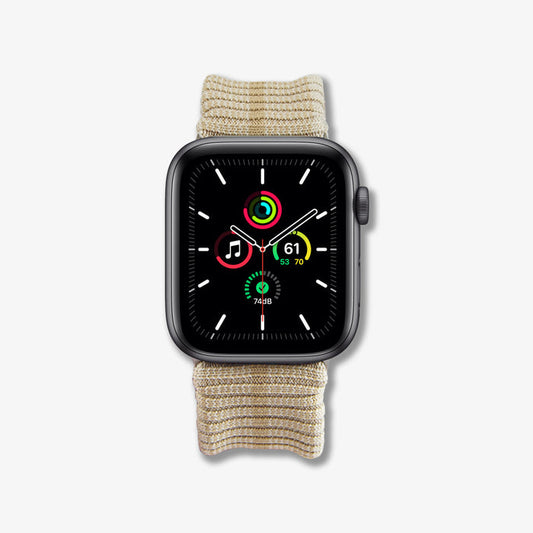 Close-up front view of Knit Apple Watch band in taupe showcasing ribbed knit texture on white background