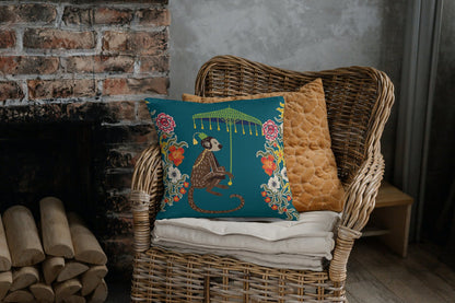 Kuta Chinoiserie Monkey Cotton Pillows Teal Green