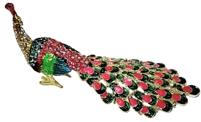 Large and Yellow Peacock with Red Green Feather - Bejeweled Trinket Box TRNK-4515