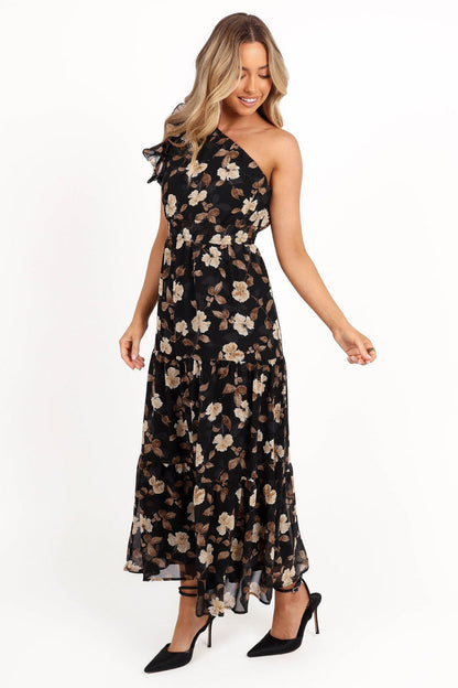 Petal and Pup USA DRESSES Layley One Shoulder Maxi Dress - Black Floral