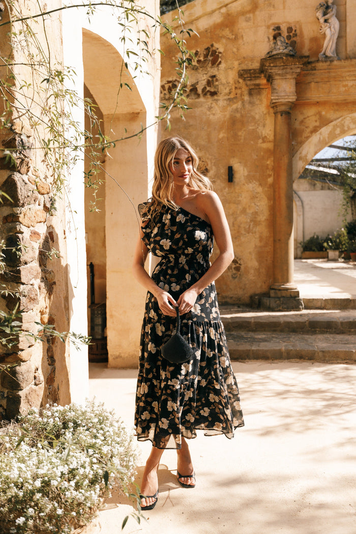 Petal and Pup USA DRESSES Layley One Shoulder Maxi Dress - Black Floral
