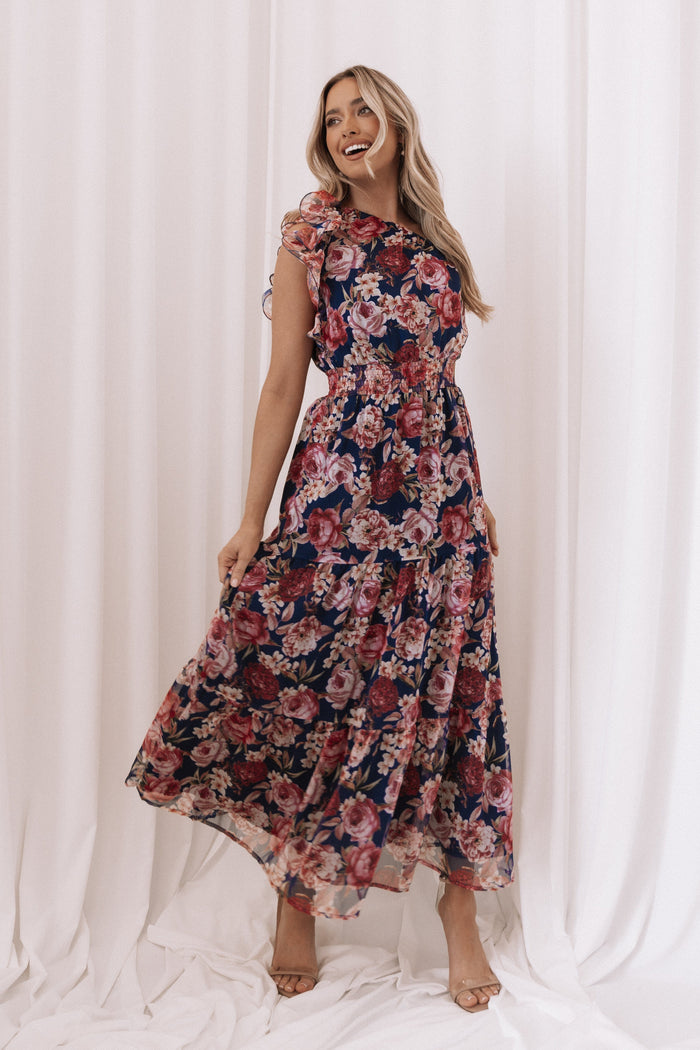 Petal and Pup USA DRESSES Layley One Shoulder Maxi Dress - Navy Floral