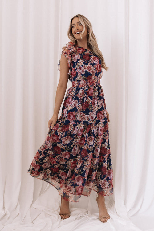 Petal and Pup USA DRESSES Layley One Shoulder Maxi Dress - Navy Floral