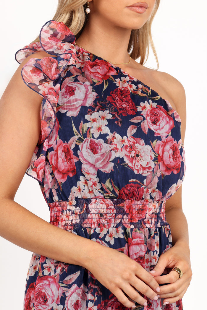 Petal and Pup USA DRESSES Layley One Shoulder Maxi Dress - Navy Floral