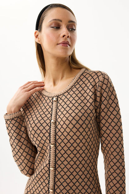 Leo and Ugo AWR194 Beige Diamond Pattern Knit Dress - Dotique - Leo & Ugo
