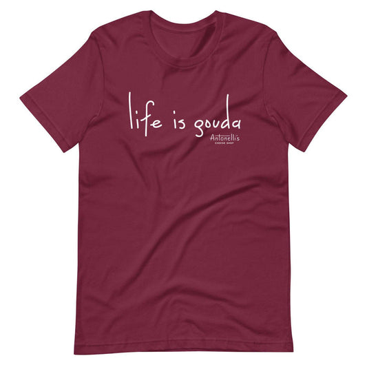 "Life is Gouda" unisex T-shirt in red with white text, soft and lightweight cotton fabric.