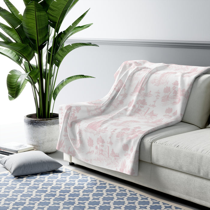 Light Pink Toile de Jouy Fleece Lined Blanket