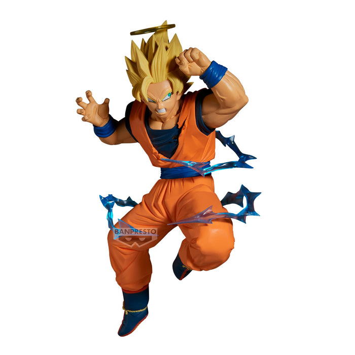 Action figure in orange and blue outfit with 'Banpresto' branding on a white background