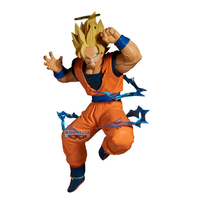 Action figure in orange and blue outfit with 'Banpresto' branding on a white background