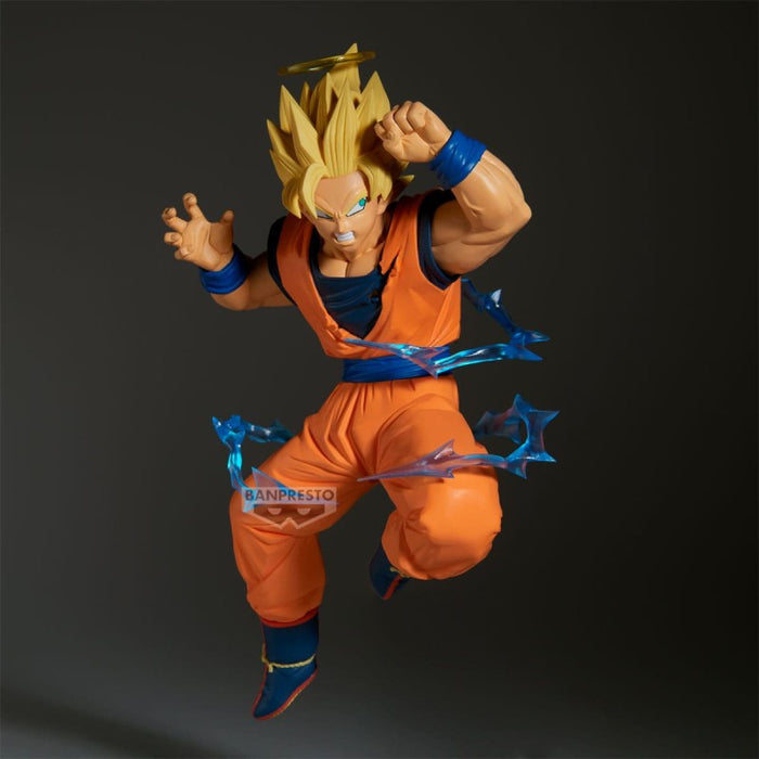 Action figure in orange and blue costume with 'BANPRESTO' branding on a dark background