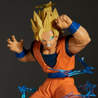 Action figure in orange and blue outfit with spiky hair on a dark background