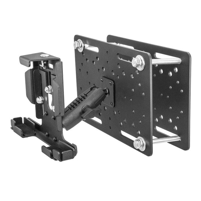 The LockVise™ Metal Locking Forklift Overhead Guard Tablet Mount with 3.75 Shaft is a black adjustable metal mount with multiple holes, bolts, and an extending arm for secure tablet holding on warehouse equipment.