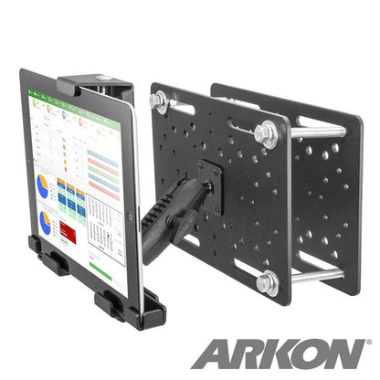 A LockVise™ Metal Locking Forklift Overhead Guard Tablet Mount with 3.75 Shaft securely holds a tablet displaying a data chart; the ARKON logo appears in the image’s bottom right corner.