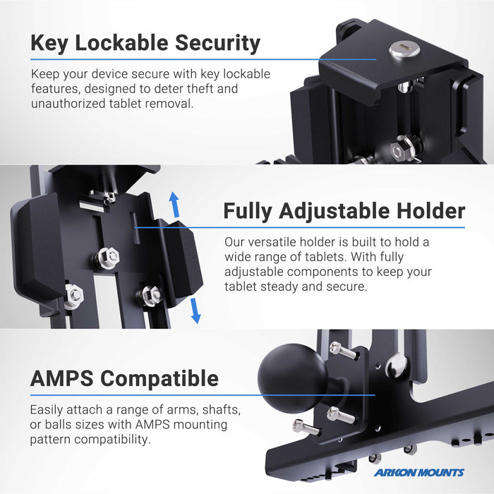 Close-up images show features of the LockVise™ Metal Locking Forklift Overhead Guard Tablet Mount with 3.75 Shaft: key lock security, full adjustability for tablet sizes, AMPS compatibility—ideal for warehouse use. Arkon Mounts logo at bottom right.