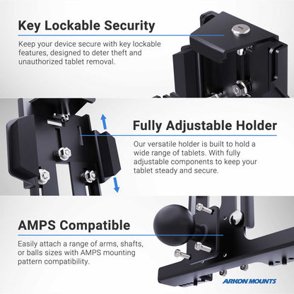 Close-up images show features of the LockVise™ Metal Locking Forklift Overhead Guard Tablet Mount with 3.75 Shaft: key lock security, full adjustability for tablet sizes, AMPS compatibility—ideal for warehouse use. Arkon Mounts logo at bottom right.