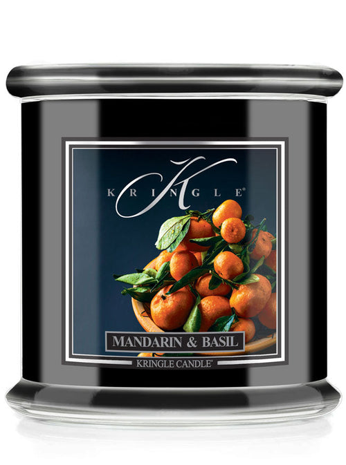 Kringle Candle with Mandarin & Basil label on a white background