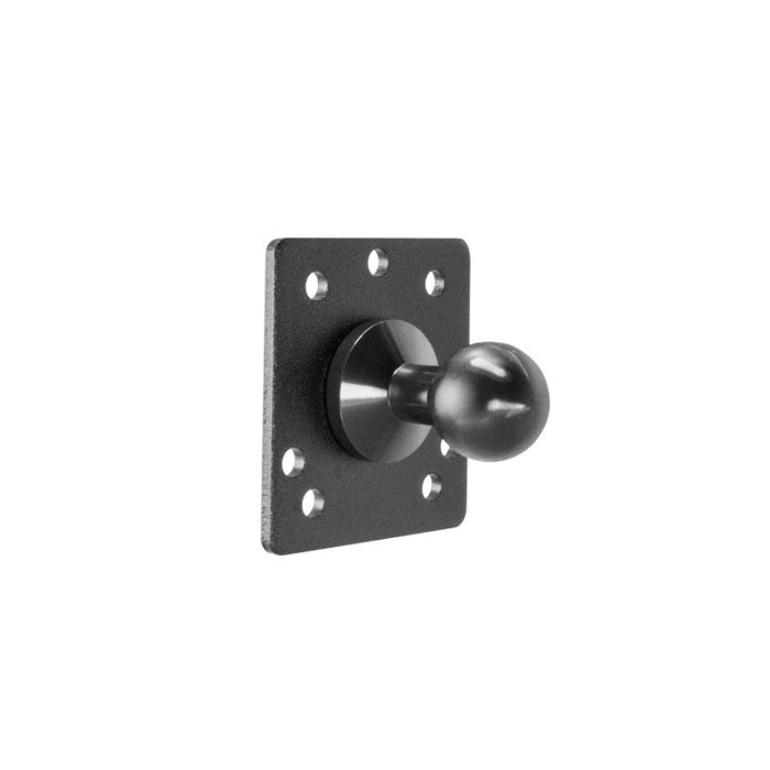 The Metal 20.6mm Ball to 4-Hole AMPS Pattern Adapter is a black metal wall mount bracket with a square base, eight holes, and a central spherical knob, ideal as an AMPS-compatible tablet holder or metal adapter.