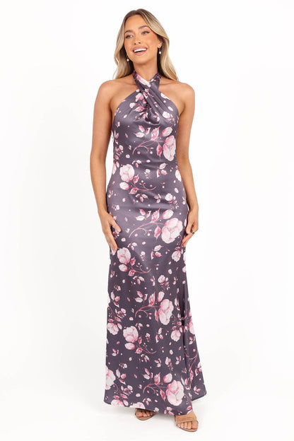 Petal and Pup USA DRESSES Mila Halterneck Maxi Dress - Steel Gray Floral (Hold for Rack)