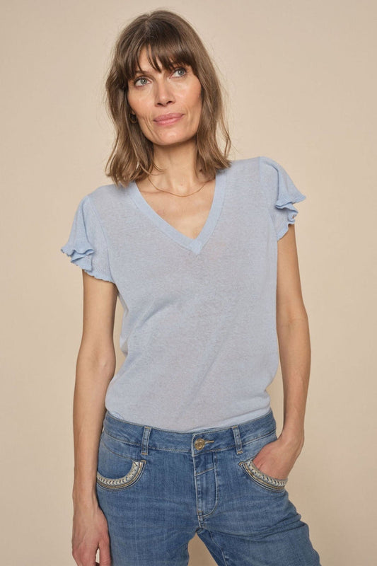 Mos Mosh 158900 MMGanna Cashmere Blue V-Neck Knit Top - Dotique