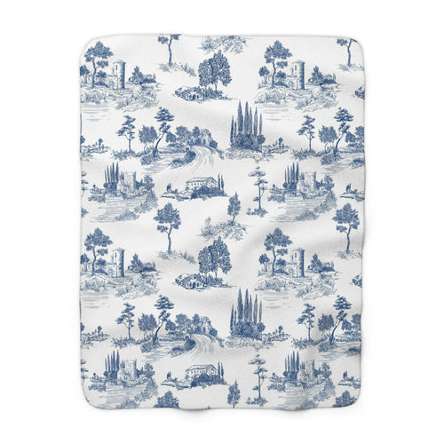 Navy Blue Toile de Jouy Fleece Lined Blanket