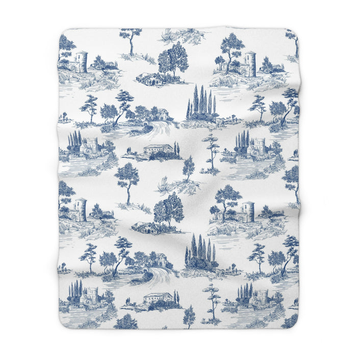 Navy Blue Toile de Jouy Fleece Lined Blanket