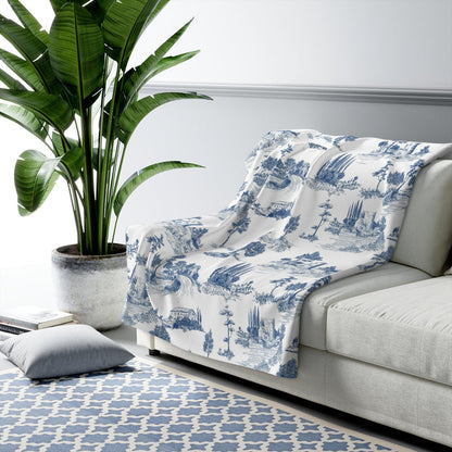 Navy Blue Toile de Jouy Fleece Lined Blanket