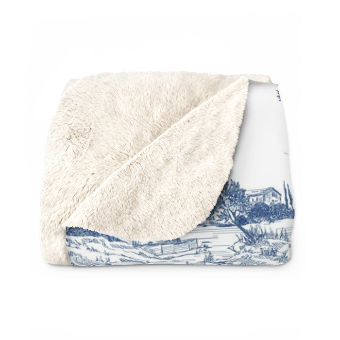 Navy Blue Toile de Jouy Fleece Lined Blanket