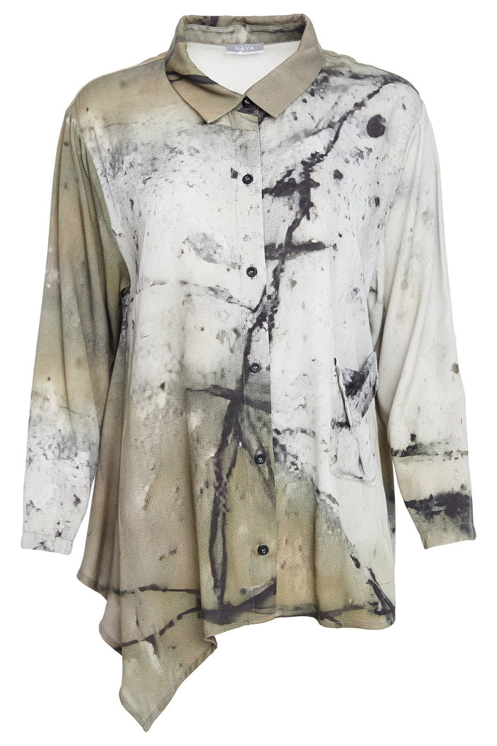 Naya NAW25165 Moss Green Abstract Two Tone Print Shirt with Pocket Detail - Dotique - Naya