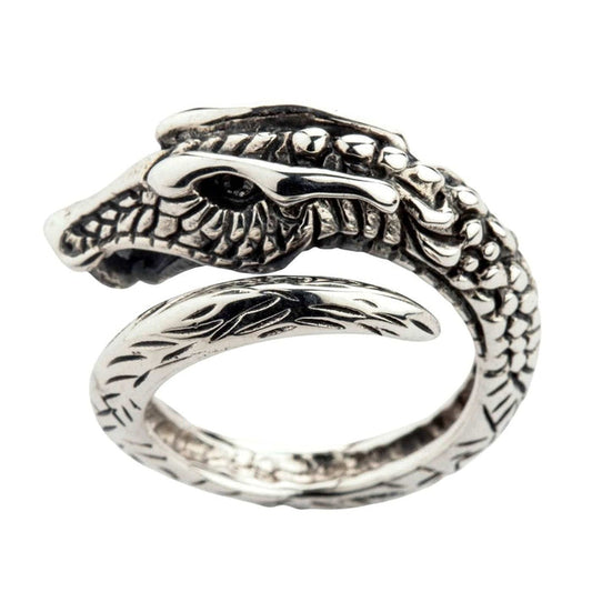 Norse Viking dragon 925 sterling silver adjustable ring showing detailed dragon head and scaled body from side angle
