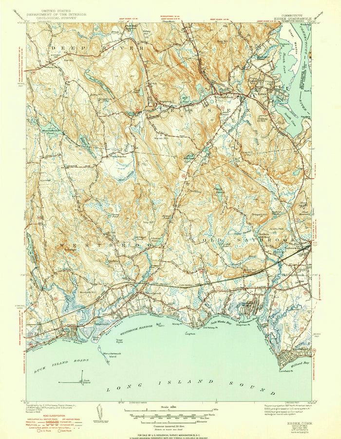 Old Map of Essex, Connecticut by USGS, 1944 – Old Saybrook, Connecticut River & Long Island Sound