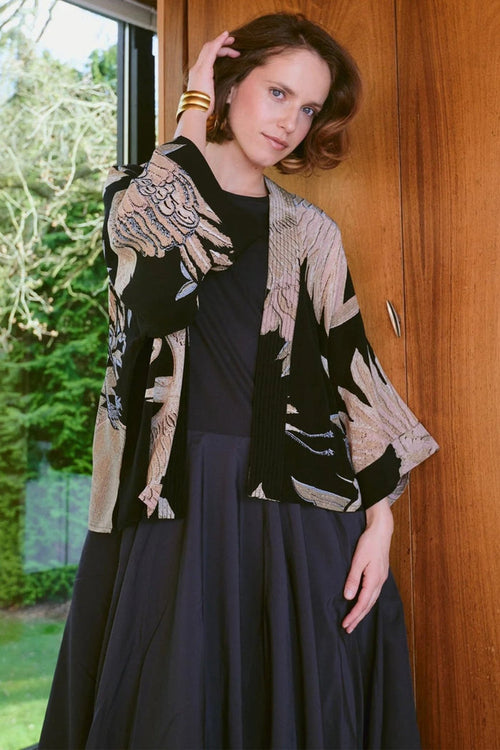 One Hundred Stars CKMCRABLK Crane Black Crepe Kimono - Dotique - One Hundred Stars