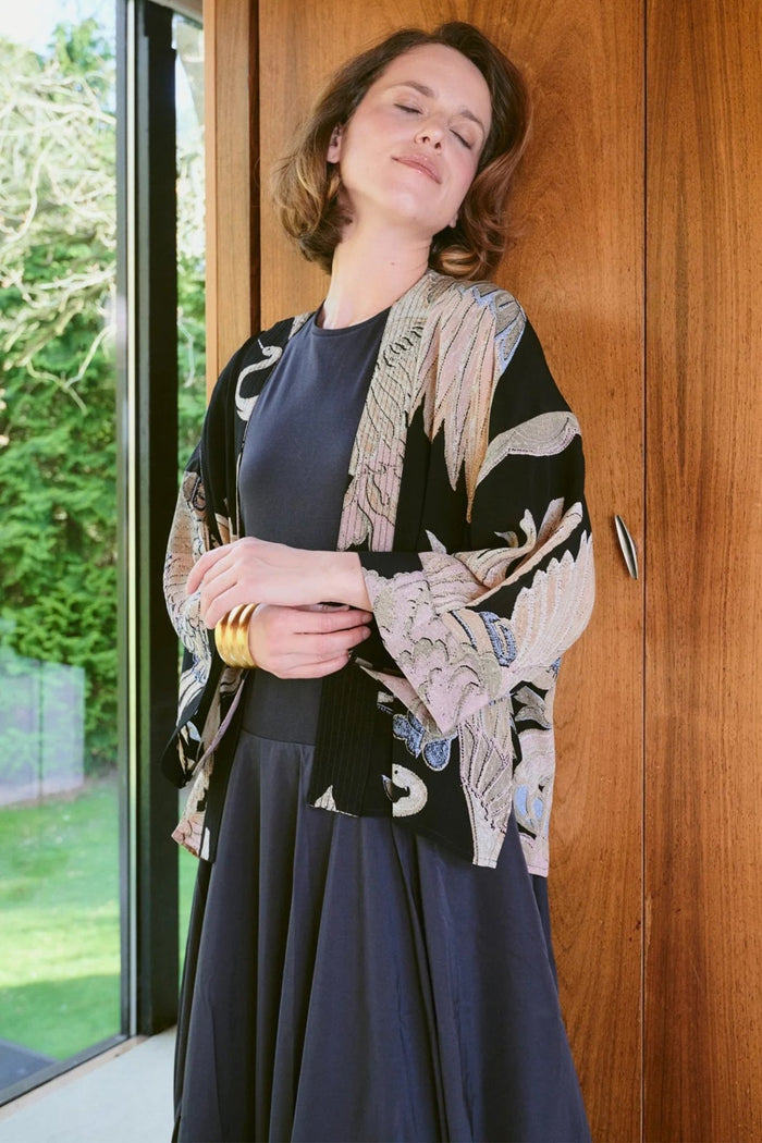 One Hundred Stars CKMCRABLK Crane Black Crepe Kimono - Dotique - One Hundred Stars