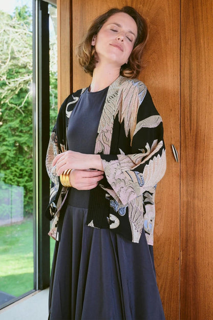 One Hundred Stars CKMCRABLK Crane Black Crepe Kimono - Dotique - One Hundred Stars