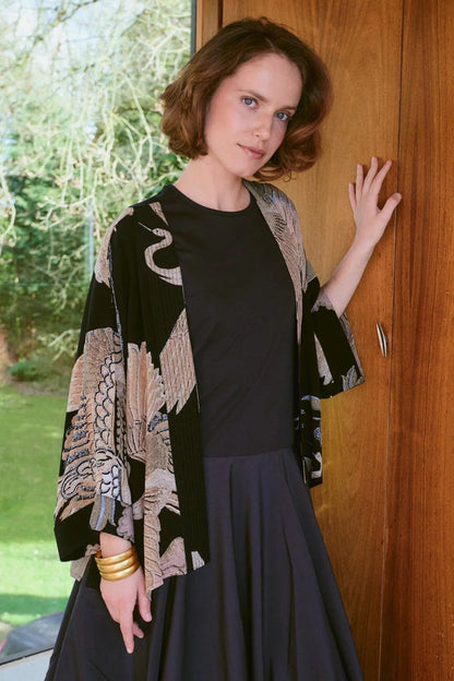 One Hundred Stars CKMCRABLK Crane Black Crepe Kimono - Dotique - One Hundred Stars