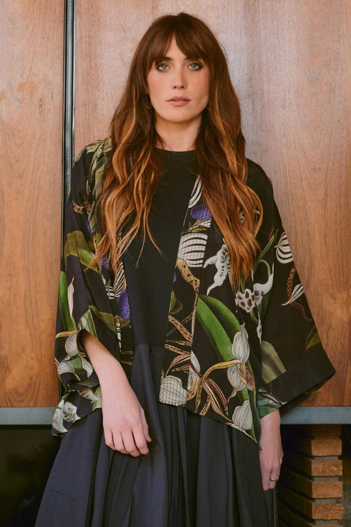 One Hundred Stars CKMORCBLK Orchid Black Crepe Kimono - Dotique - One Hundred Stars