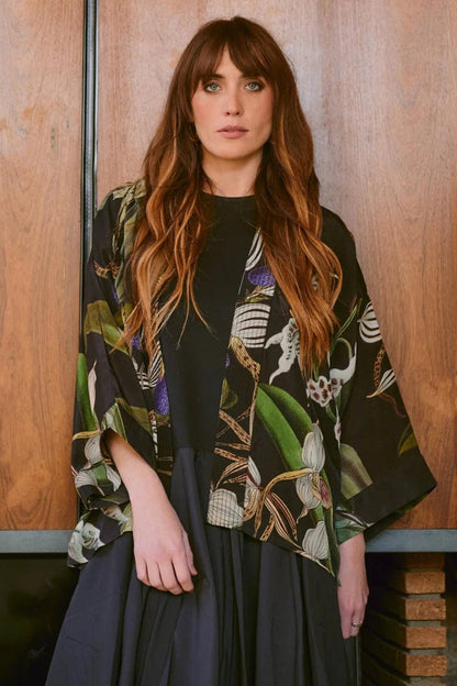 One Hundred Stars CKMORCBLK Orchid Black Crepe Kimono - Dotique - One Hundred Stars