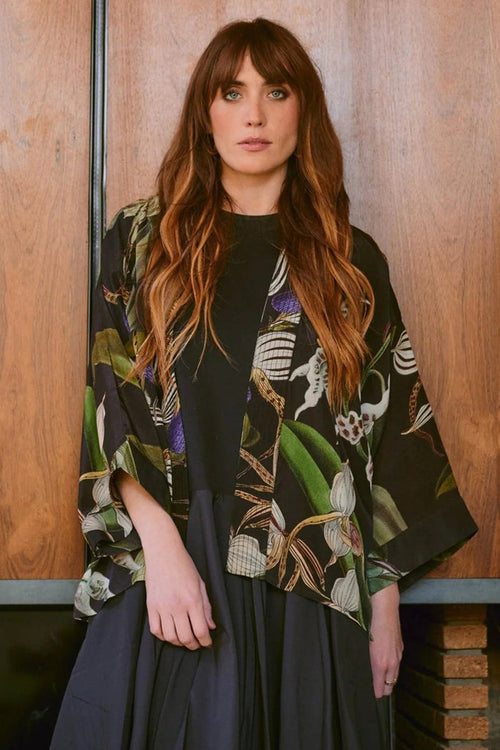 One Hundred Stars CKMORCBLK Orchid Black Crepe Kimono - Dotique - One Hundred Stars