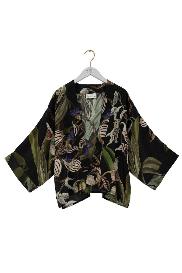 One Hundred Stars CKMORCBLK Orchid Black Crepe Kimono - Dotique - One Hundred Stars