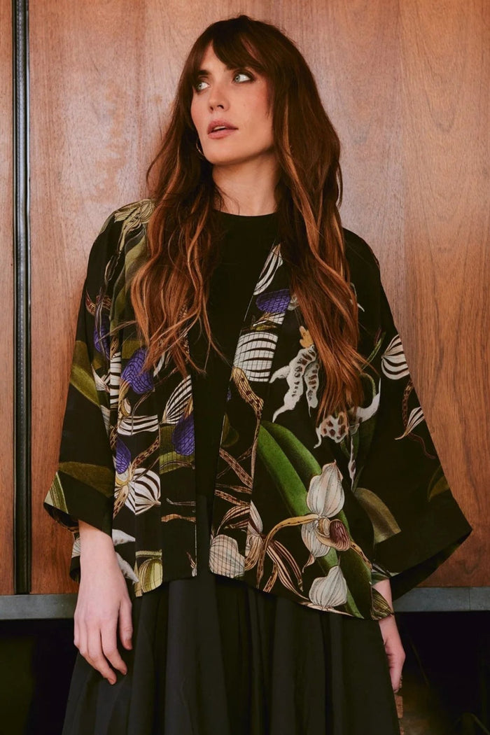 One Hundred Stars CKMORCBLK Orchid Black Crepe Kimono - Dotique - One Hundred Stars