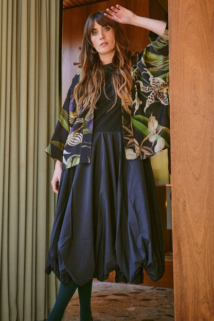 One Hundred Stars CKMORCBLK Orchid Black Crepe Kimono - Dotique - One Hundred Stars