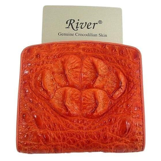 Orange genuine crocodilian hornback leather wallet by River with raised textured scales and papaya-amber tone
