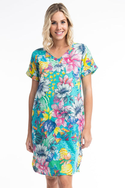 Orientique Los 3090 Blue Floral Print Reversible Short Sleeve Dress - Dotique