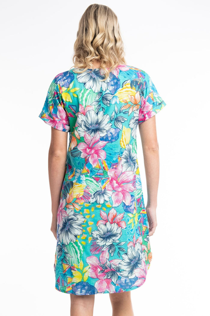 Orientique Los 3090 Blue Floral Print Reversible Short Sleeve Dress - Dotique