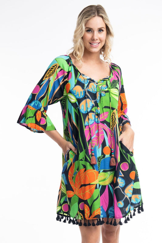 Orientique Nicossia 9184 Black Tropical Print Tassle Hem Dress - Dotique