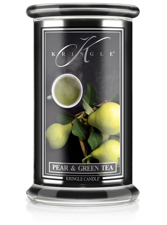 Kringle Candle with pear and green tea design on a white background