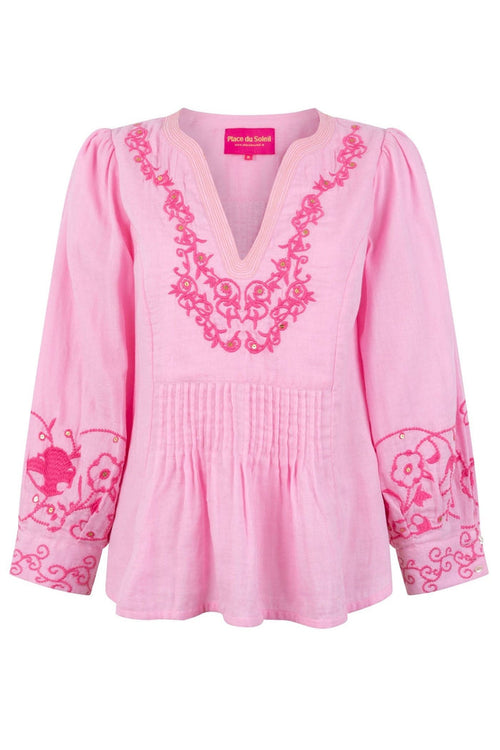 Place du Soleil 309 Rose Pink V Neck Cotton Blouse - Dotique - Place du Soleil