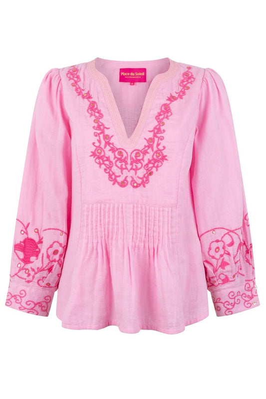 Place du Soleil 309 Rose Pink V Neck Cotton Blouse - Dotique - Place du Soleil