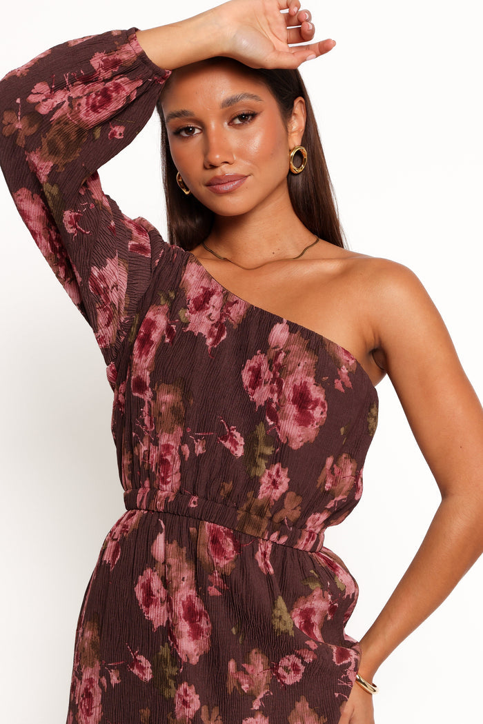 Petal and Pup USA DRESSES Pontee One Shoulder Pleated Midi Dress - Chocolate Brown